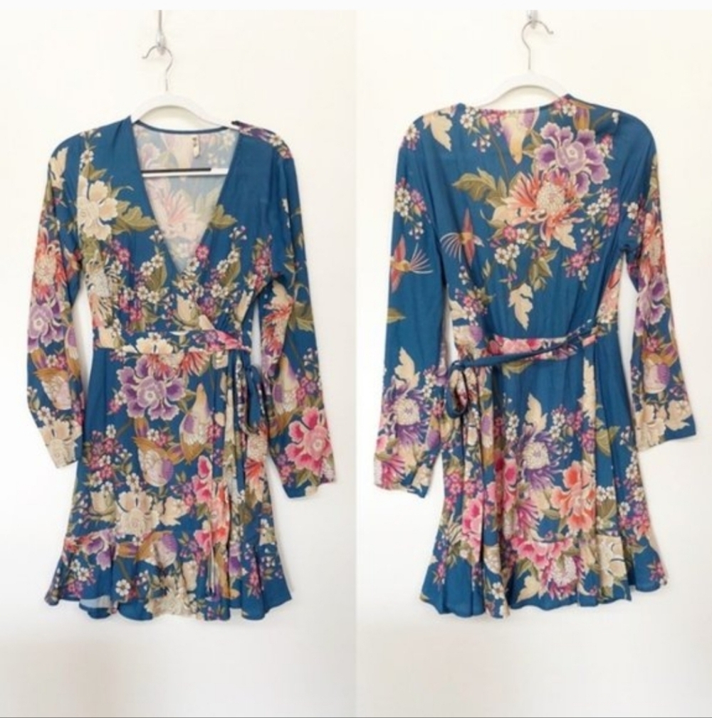 Spell & The Gypsy Blue Skies Floral Print Wrap Mini Boho Dress M